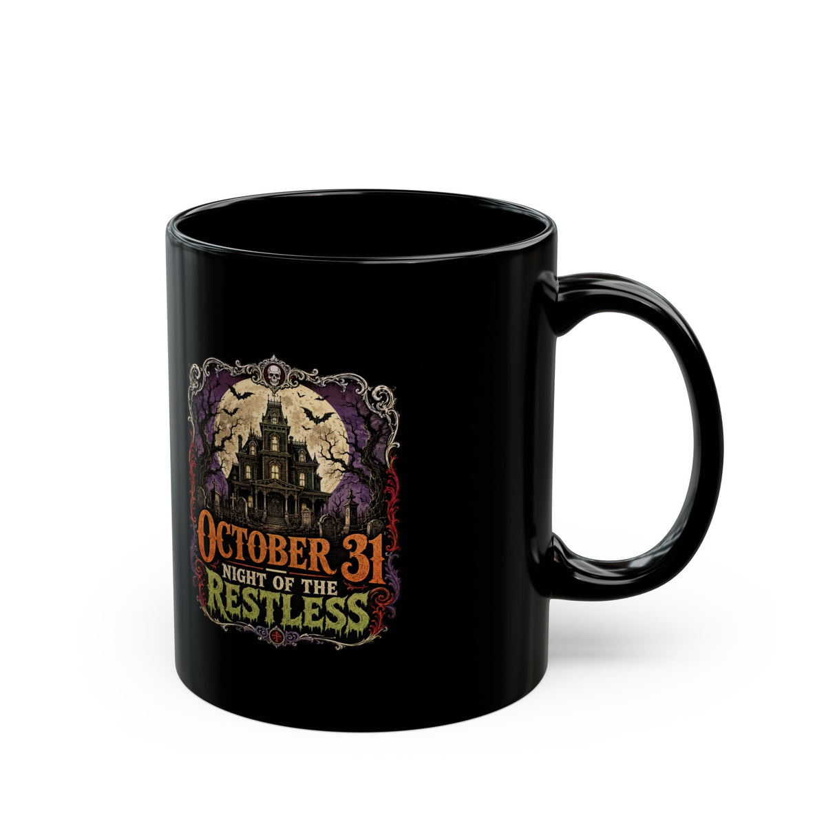 Halloween October 31 Haunted House Mug — "Night of the Restless" Halloween Coffee Cup