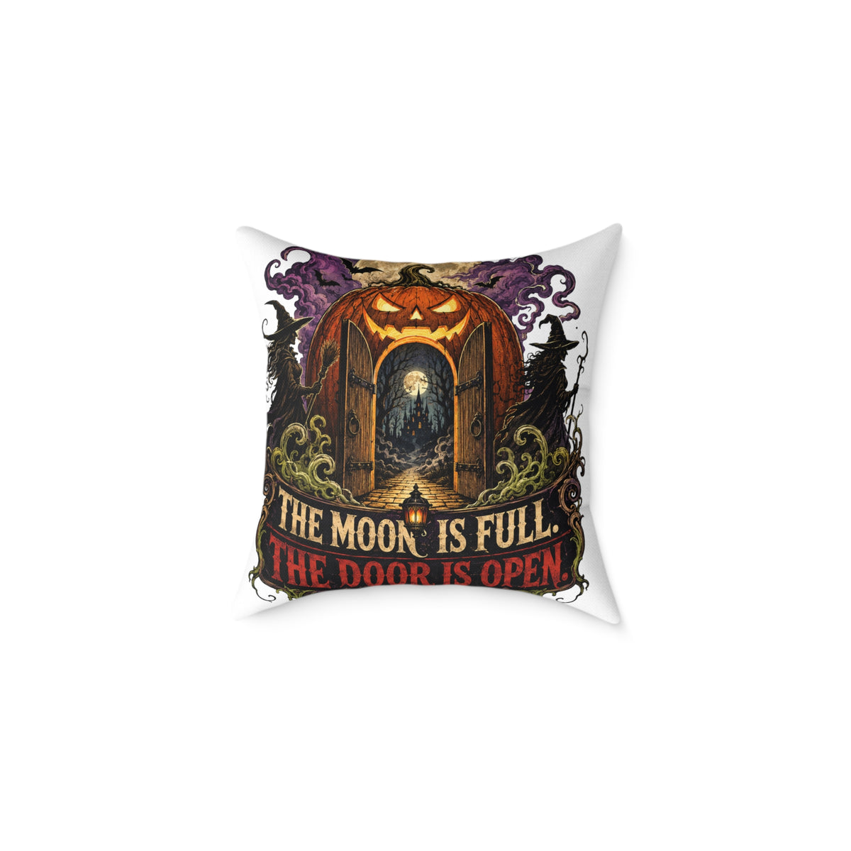 Halloween Pumpkin Door Pillow — "The Moon Is Full, The Door Is Open" Decorative Throw Pillow
