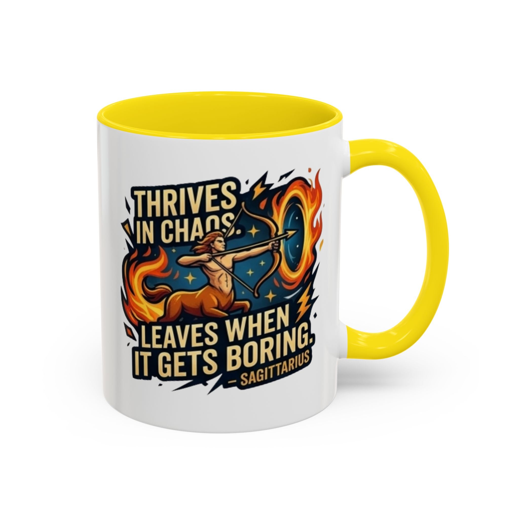 Sagittarius Coffee Mug – "Thrives in Chaos, Leaves When It Gets Boring" Accent Mug