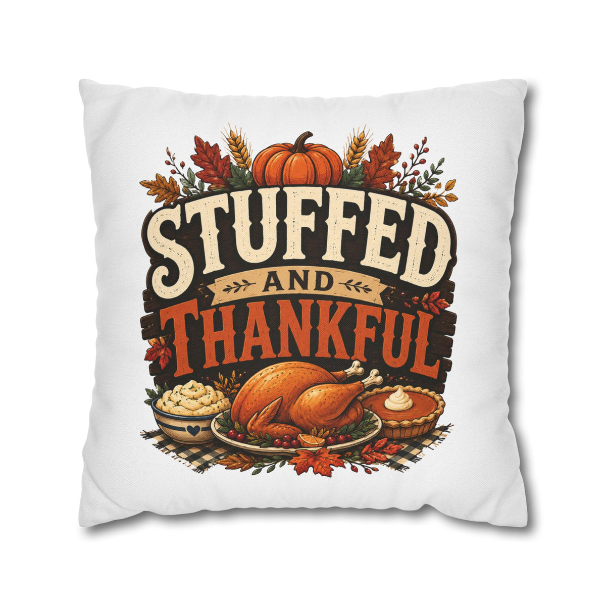 Thanksgiving Decorative Pillowcase – “Stuffed and Thankful” Autumn Throw Pillowcase