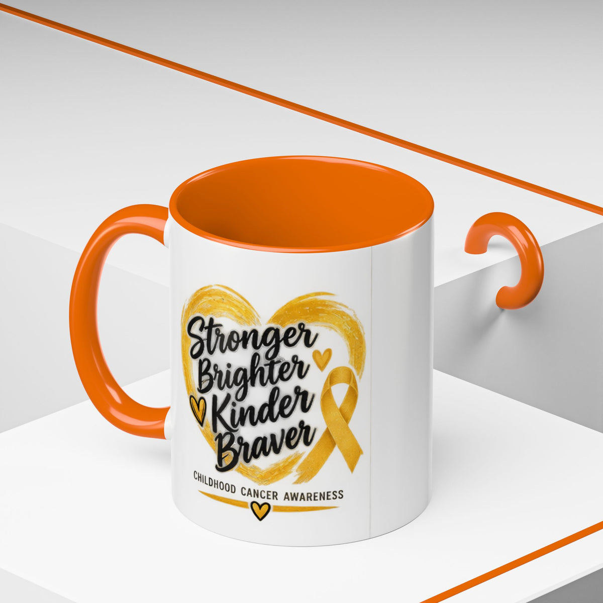 Childhood Cancer Awareness Accent Coffee Mug — "Stronger Brighter Kinder Braver"