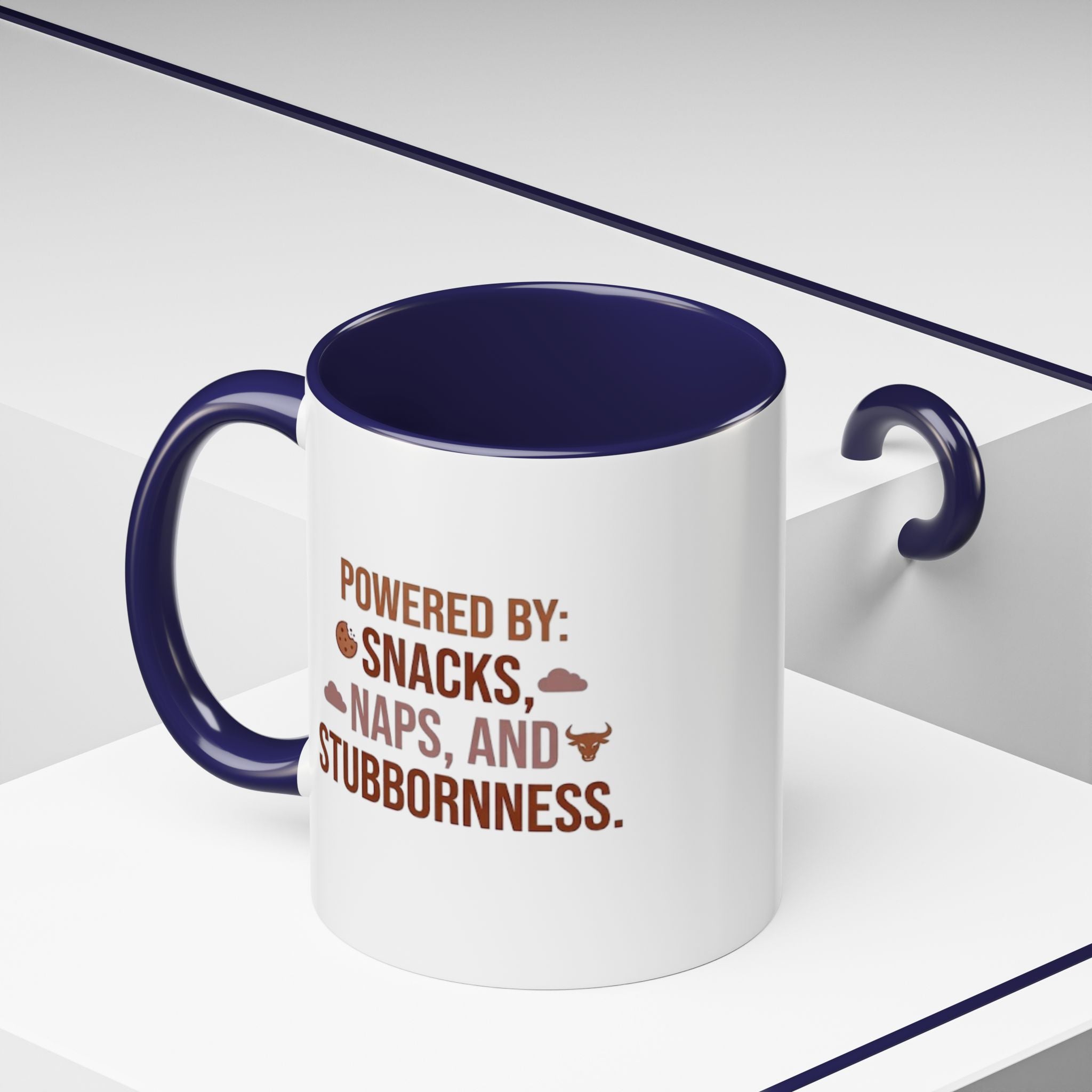 Coffee Mug — "Powered by: Snacks, Naps, and Stubbornness" Ceramic Accent Mug