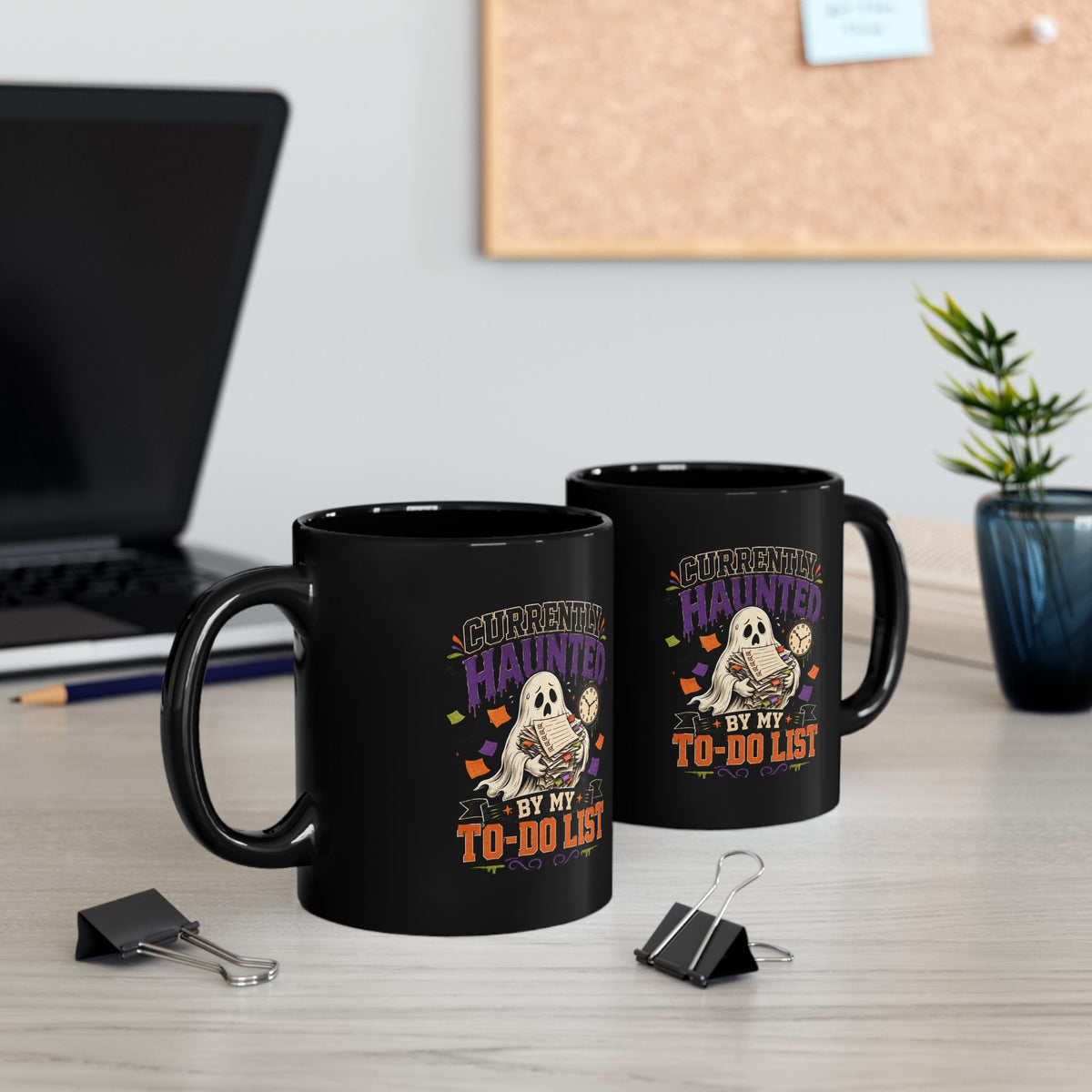 Halloween Currently Haunted by My To-Do List Black Coffee Mug — Halloween Ghost Desk Gift