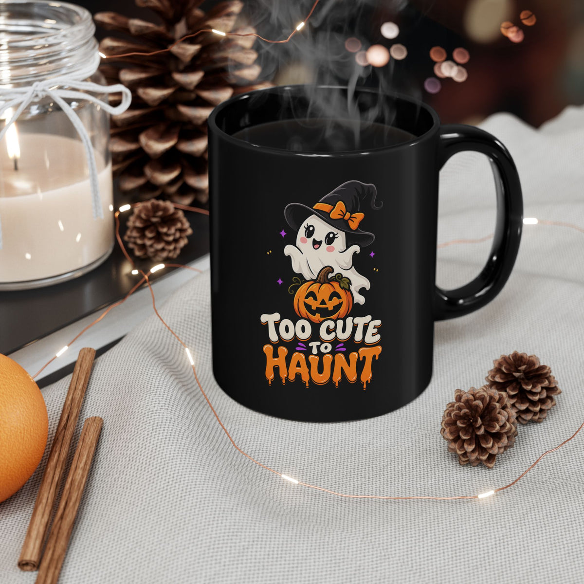 Too Cute to Haunt Halloween Mug — Black Ghost & Pumpkin Coffee Cup (11oz/15oz)