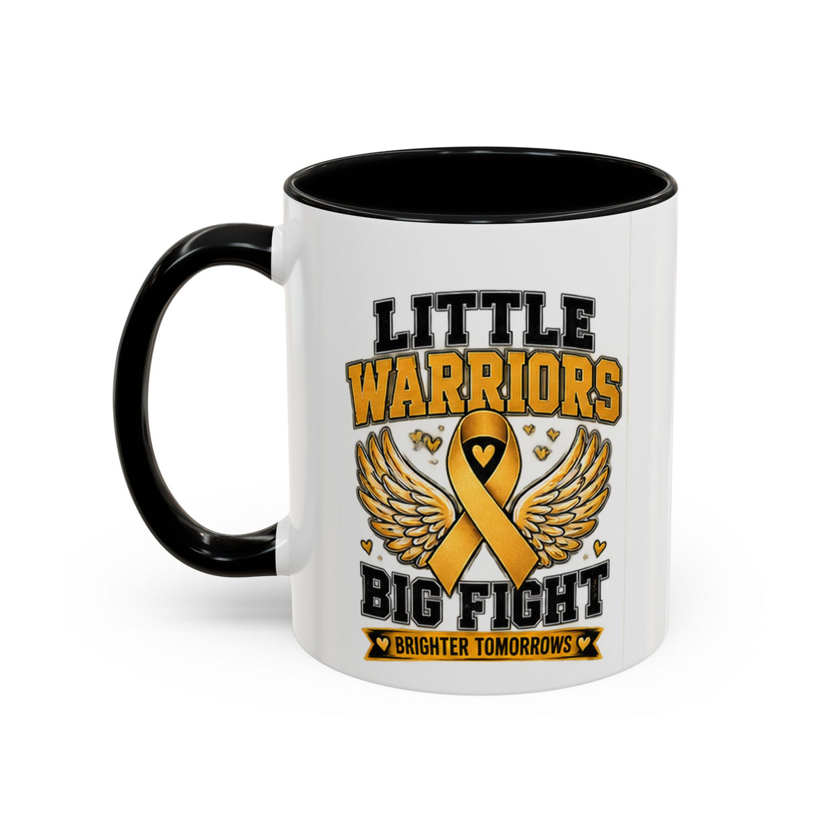 Little Warriors Big Fight Childhood Cancer Awareness Coffee Mug — Gold Ribbon Support Accent Mug