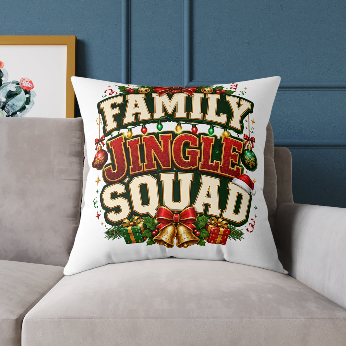 Family Jingle Squad Christmas Throw Pillow - Holiday Decorative Square Pillow