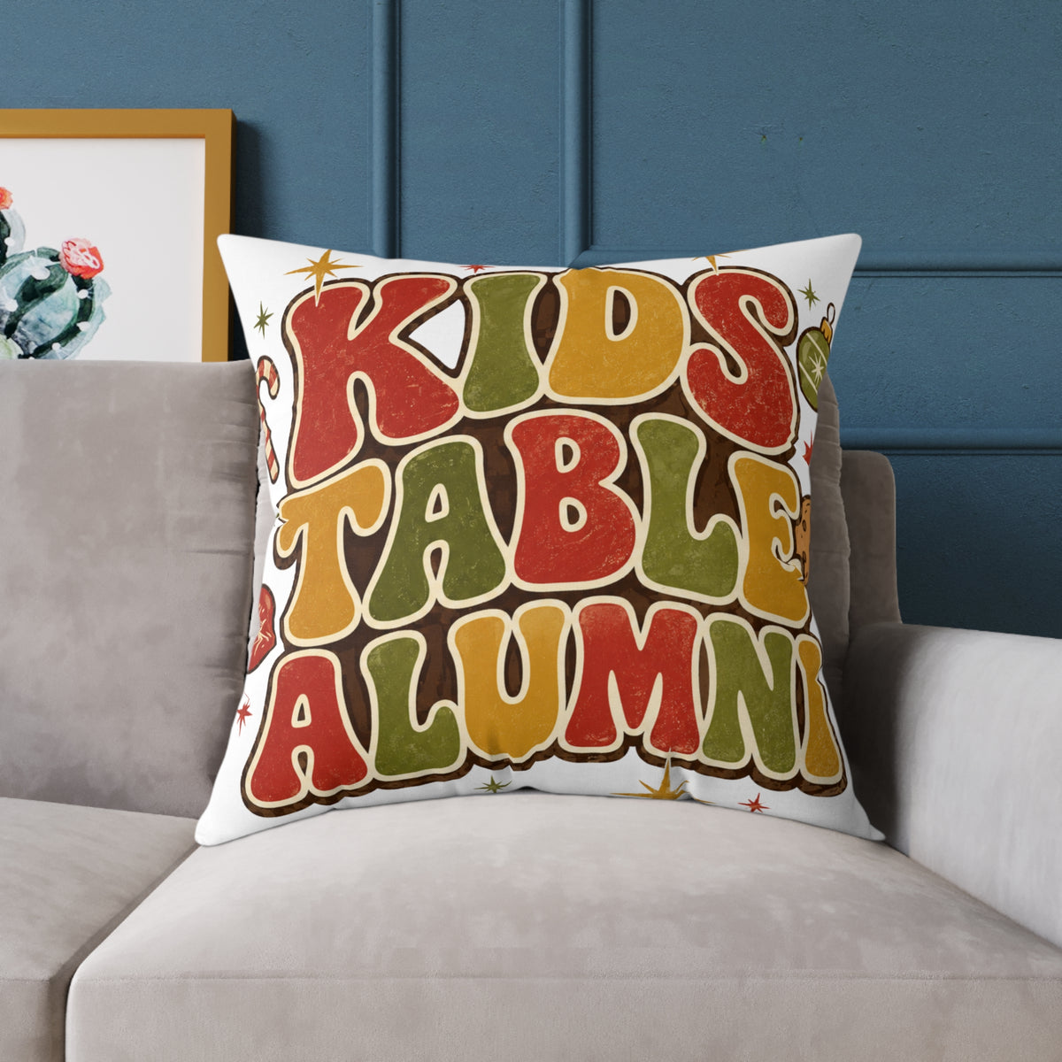 Christmas Kids Table Alumni Throw Pillow — Retro 70s Thanksgiving Accent Cushion
