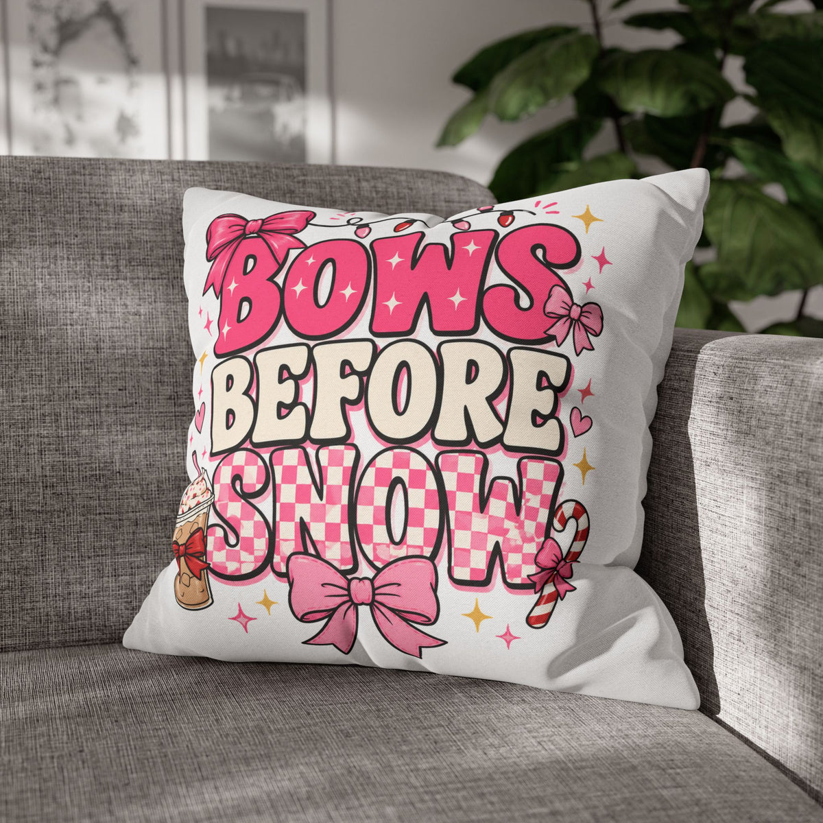 Bows Before Snow Holiday Pillowcase Modern Day Christmas – Pink Christmas Decorative Throw Pillow Cover