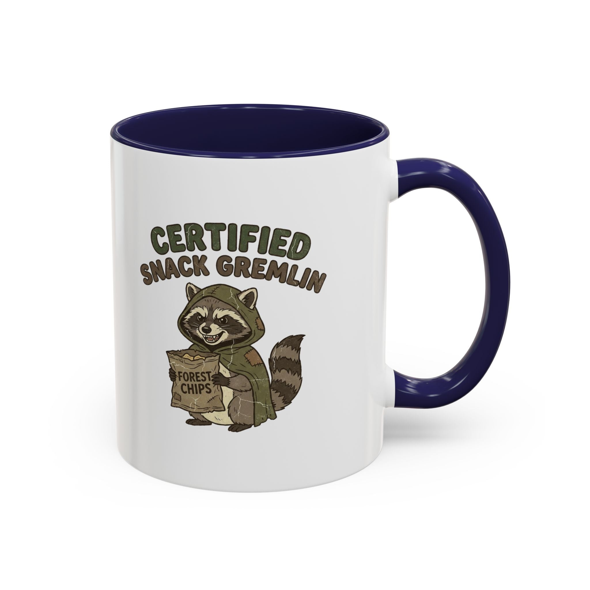 Funny Certified Snack Gremlin Coffee Mug — Cute Raccoon Snack Lover Accent Mug