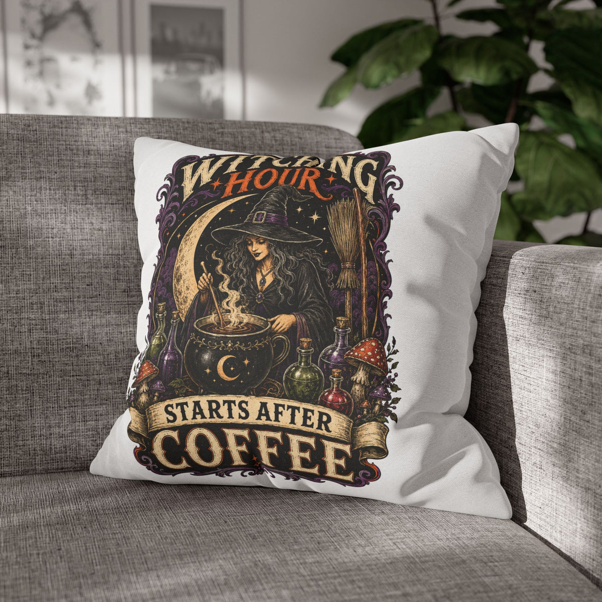 Halloween Witching Hour Pillowcase — "Witching Hour Starts After Coffee" Gothic Witch Decor