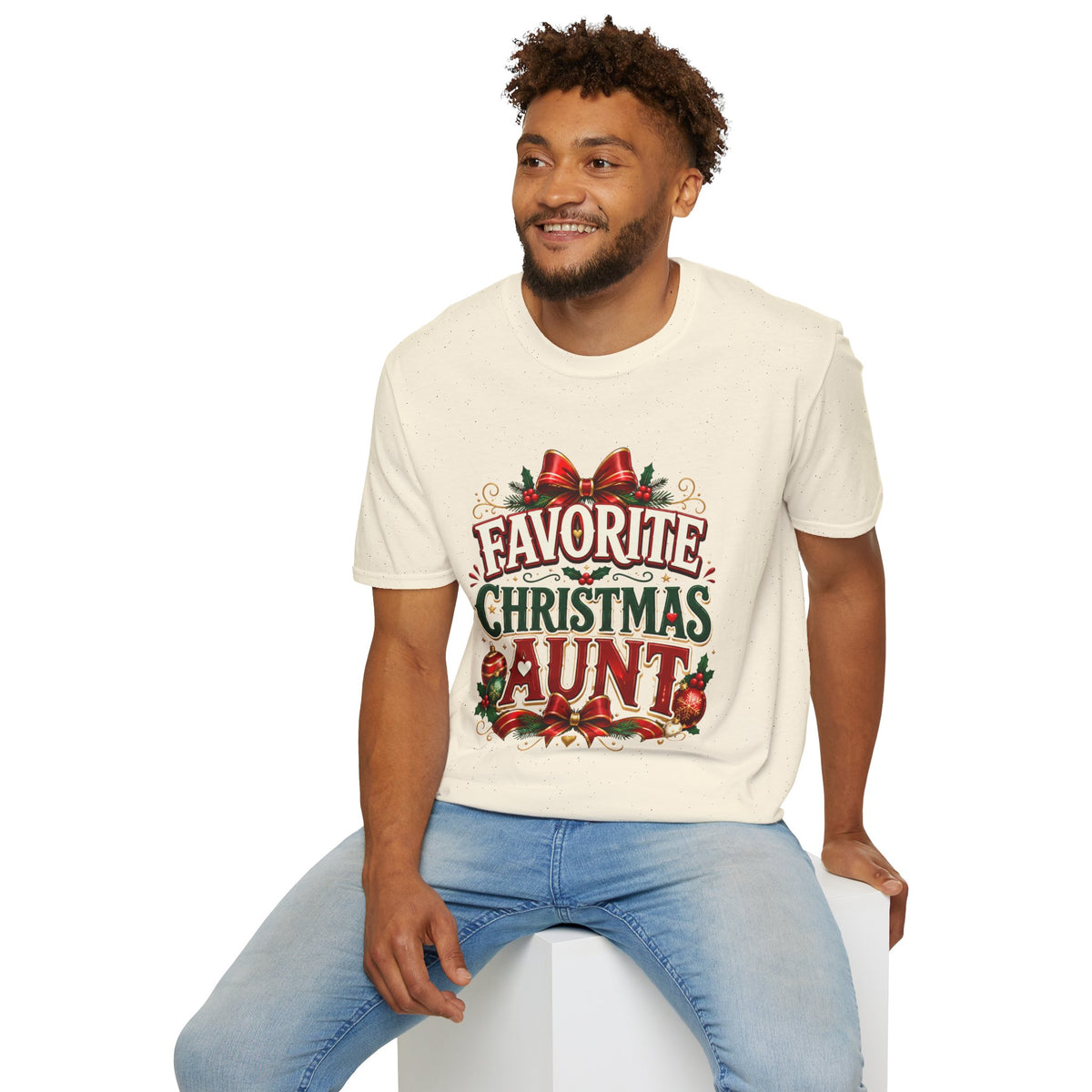 Favorite Christmas Aunt T-Shirt — Festive Holiday Auntie Tee with Bow & Holly