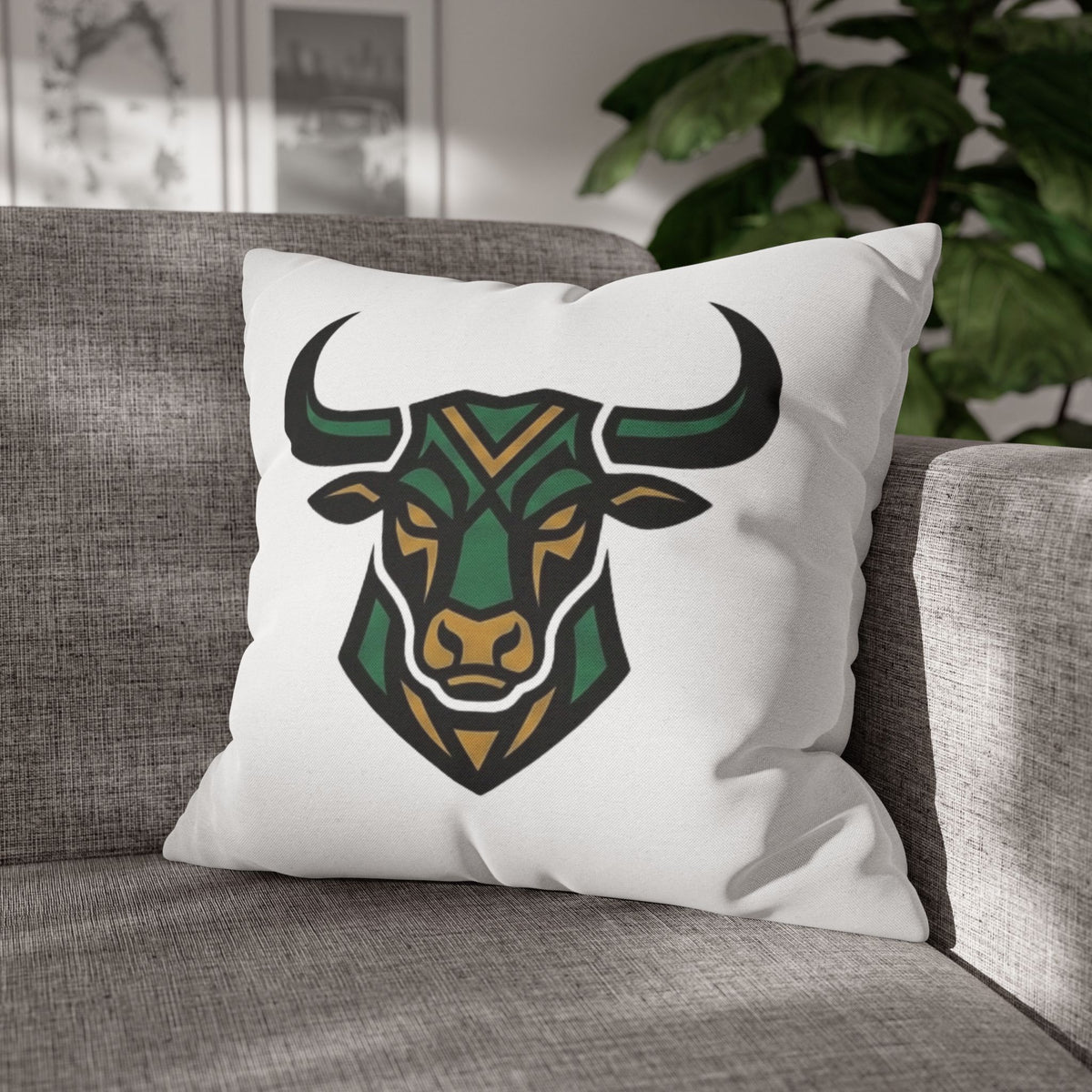 Taurus Geometric Bull Throw Pillowcase — Green Tribal Bull Accent Pillow