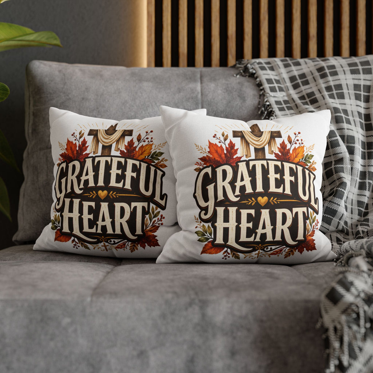 Thanksgiving Grateful Heart Throw Pillow — Autumn Cross Faith Decorative Pillowcase