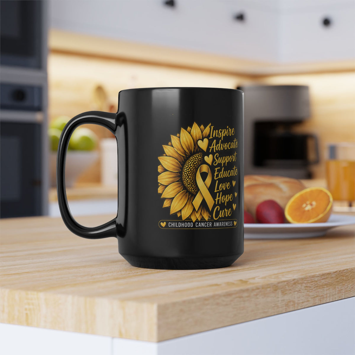 Childhood Cancer Awareness Sunflower Mug – Inspire Advocate Support Educate Love Hope Cure (Black, 11oz/15oz)