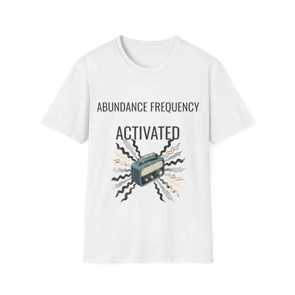 "Abundance Frequency Activated" Retro Radio Tee - Aesthetic Law Of Attraction Manifest White T-Shirt - Trending Now - September 2026