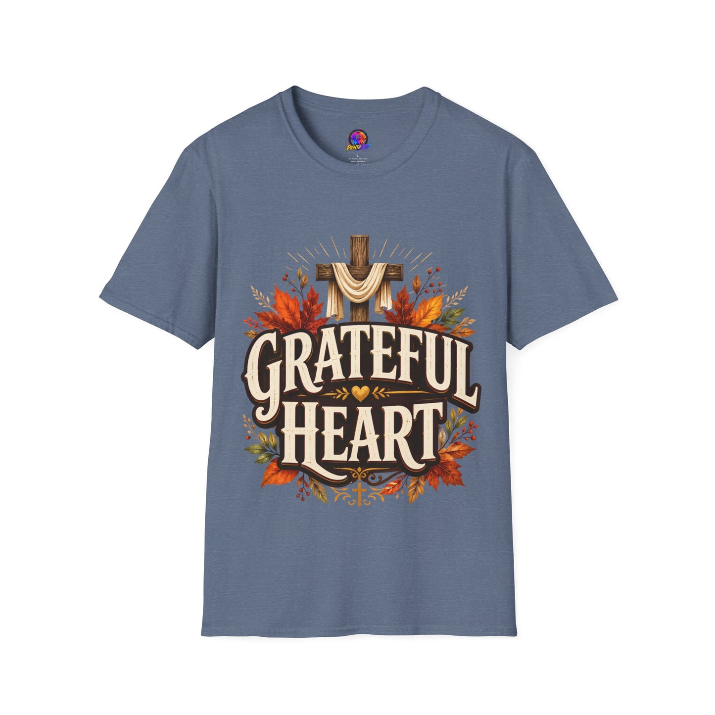 Grateful Heart T-Shirt — Christian Cross & Autumn Leaves Thanksgiving Tee