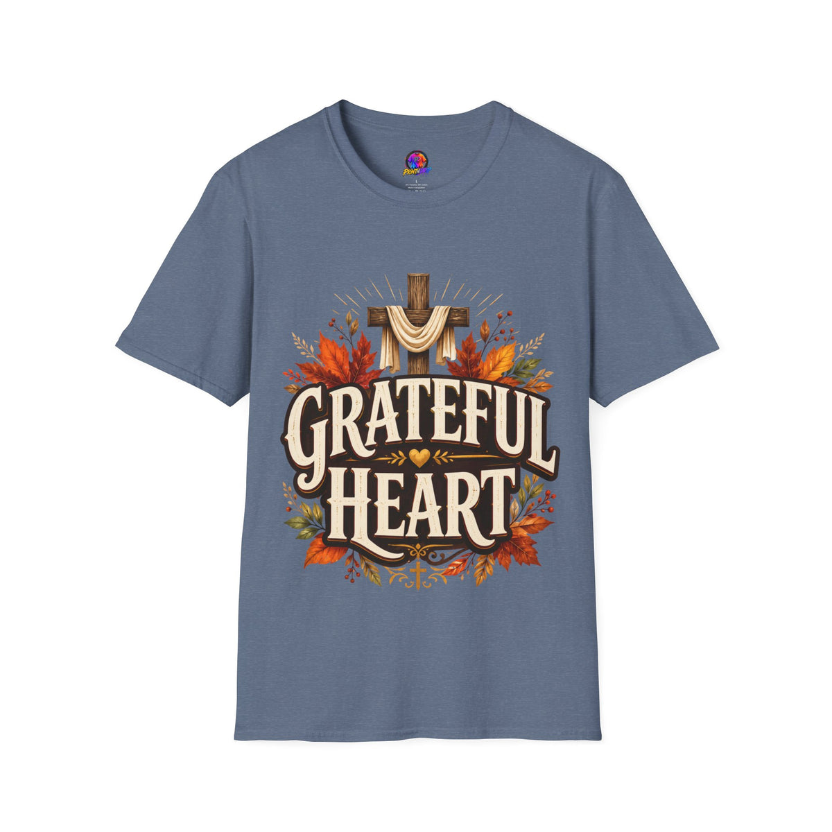 Thanksgiving T-Shirt Grateful Heart T-Shirt — Christian Cross & Autumn Leaves Thanksgiving Tee