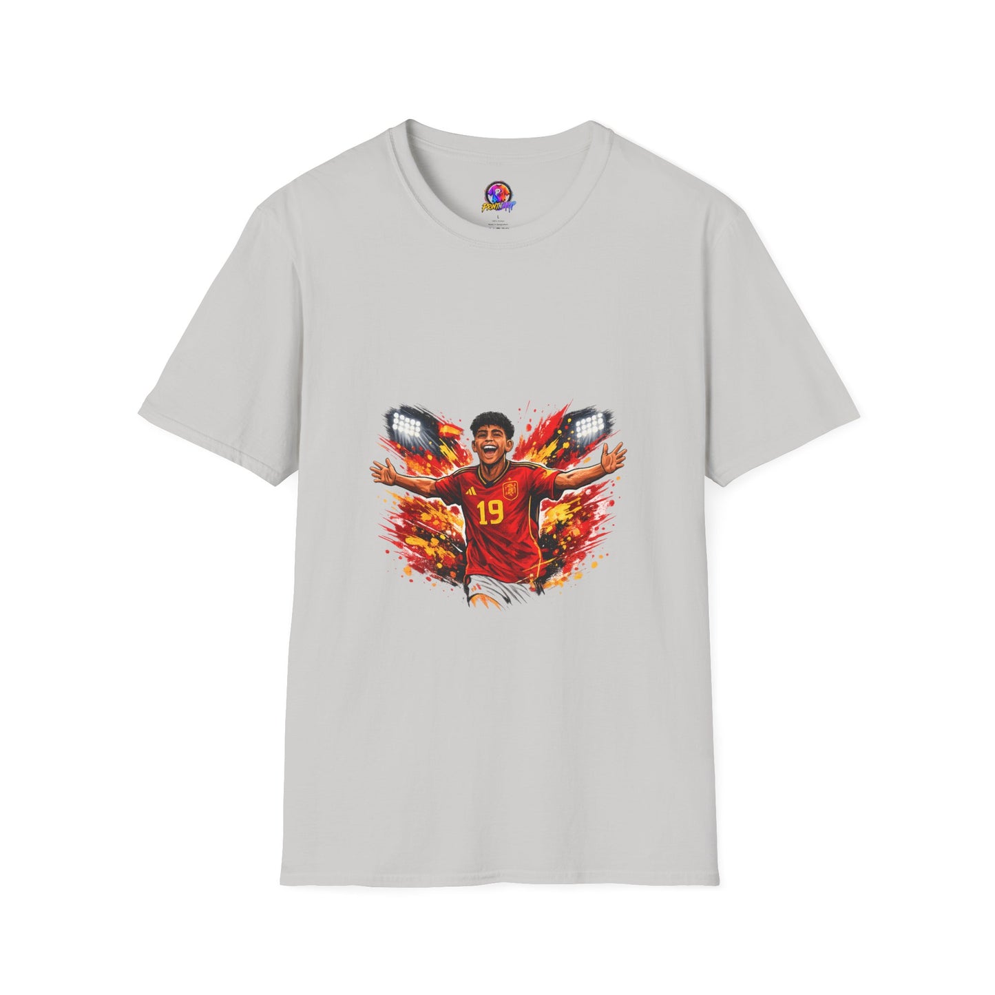 Spain Soccer Fan Portrait T‑Shirt – Fiery Goal Celebration Design