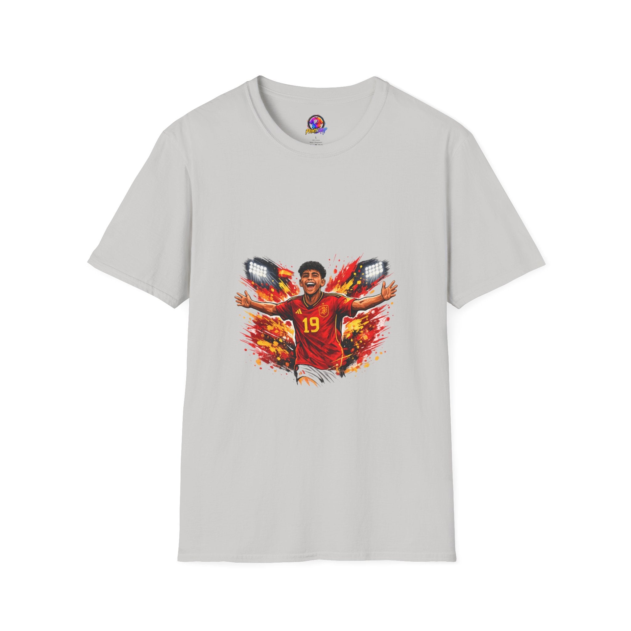 Spain Soccer Fan Portrait T‑Shirt – Fiery Goal Celebration Design