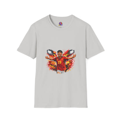 Spain Soccer Fan Portrait T‑Shirt – Fiery Goal Celebration Design