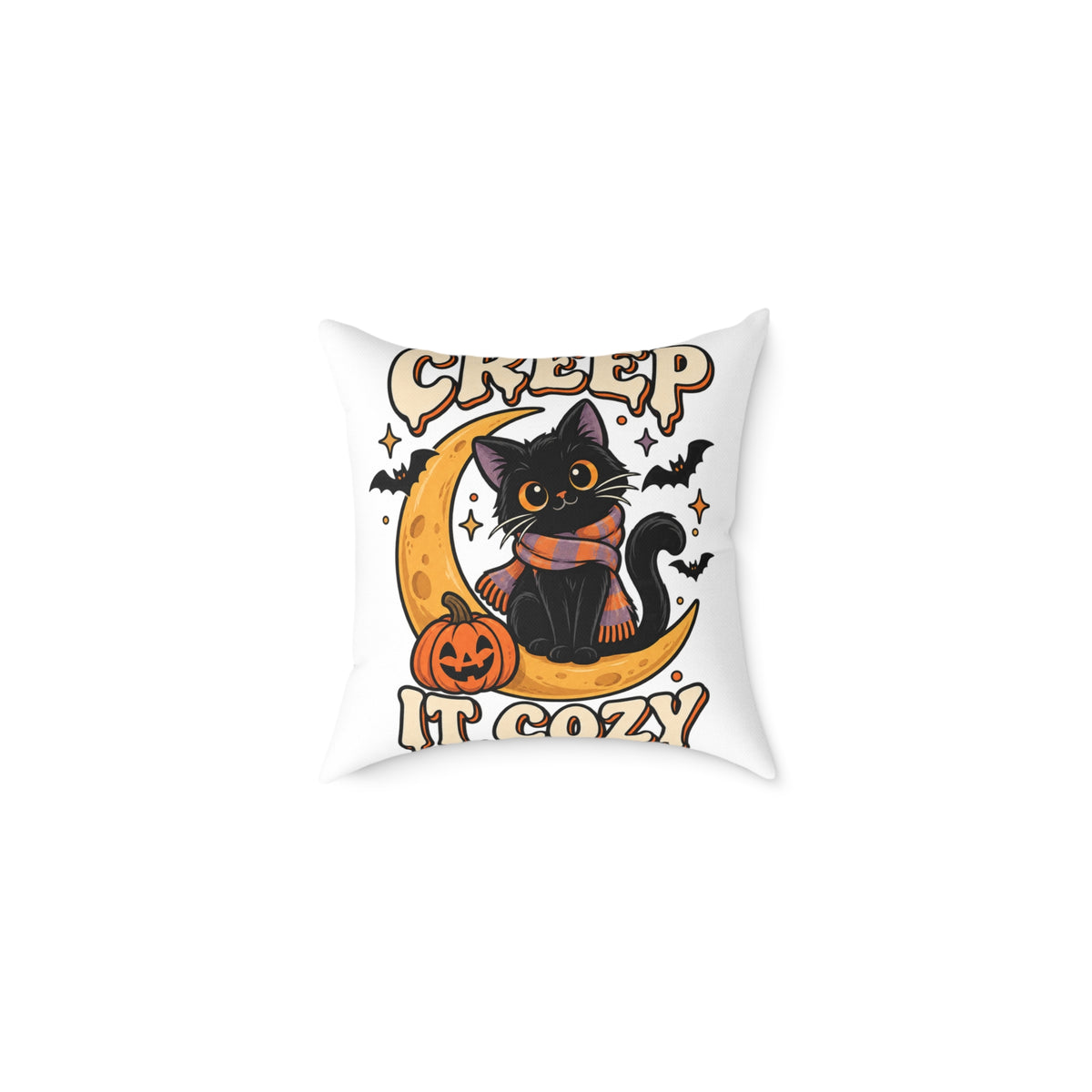 Halloween Cat Pillow — "Creep It Cozy" Decorative Square Throw Pillow