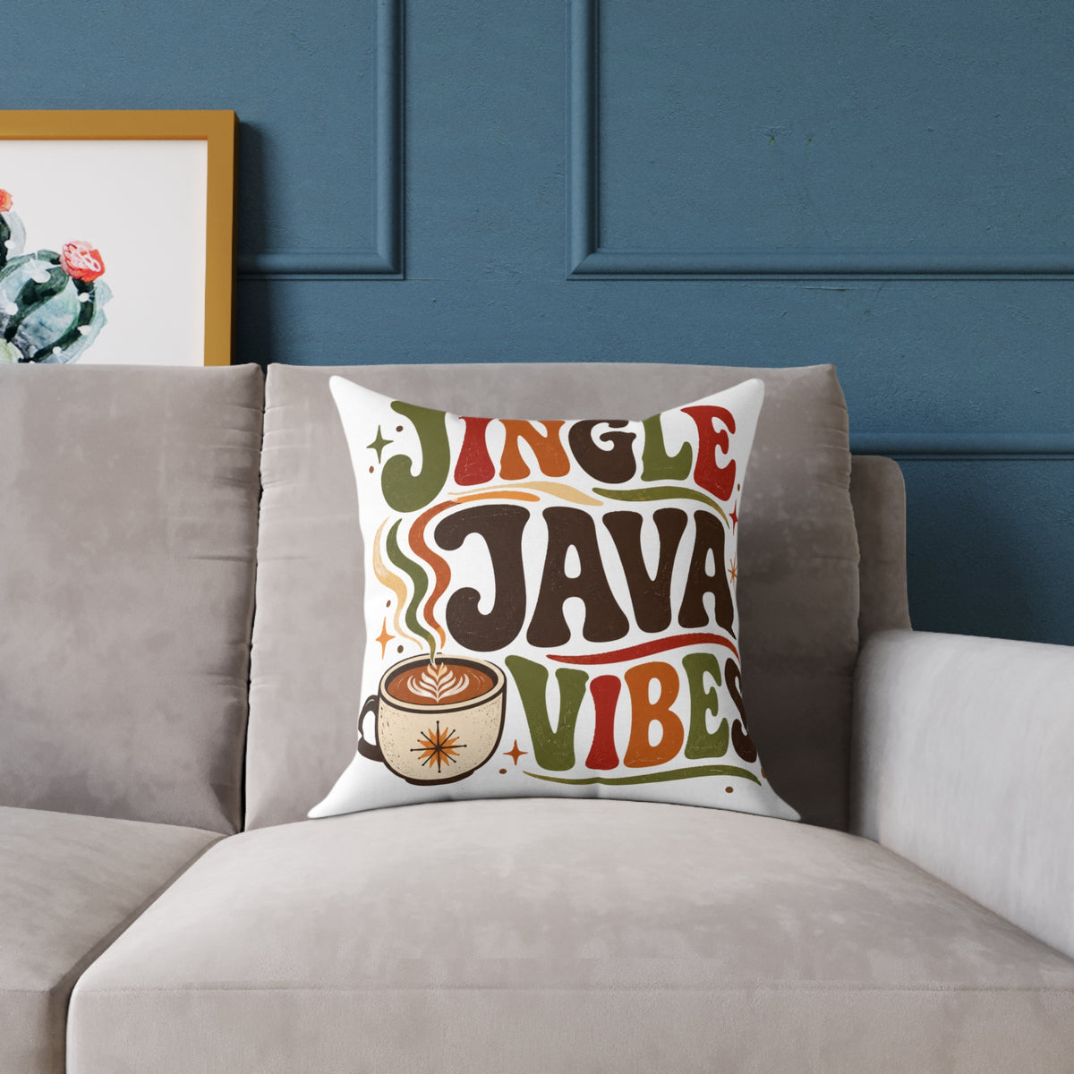 Christmas Square Pillow — "Jingle Java Vibes" Coffee Holiday Decorative Cushion