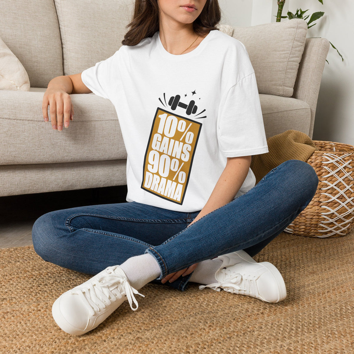 10% Gains 90% Drama Gold Barbell T-Shirt - Minimalist Funny Gym Graphic Tee - Trending Now - September 2026