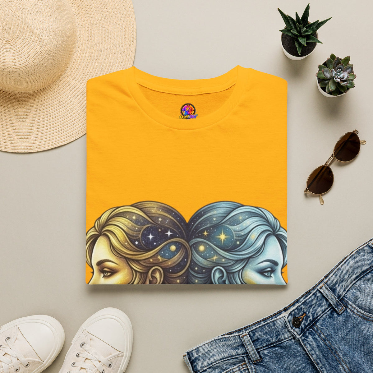 Zodiac Gemini Sun & Moon T-Shirt — Dual Faces Cosmic Design