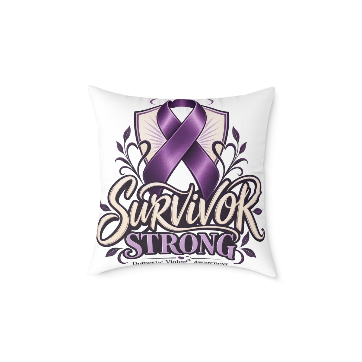 Survivor Strong Purple Ribbon Square Pillow — Domestic Violence Awareness Support Home Decor