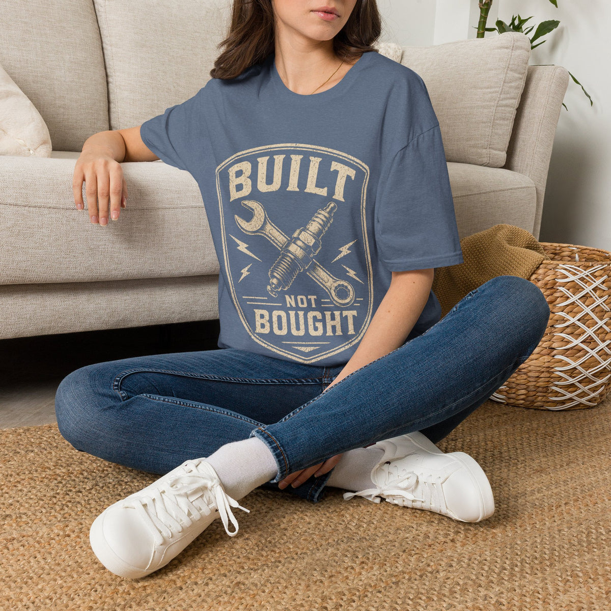 Built Not Bought T-Shirt — Vintage Mechanic Wrench & Spark Plug Design