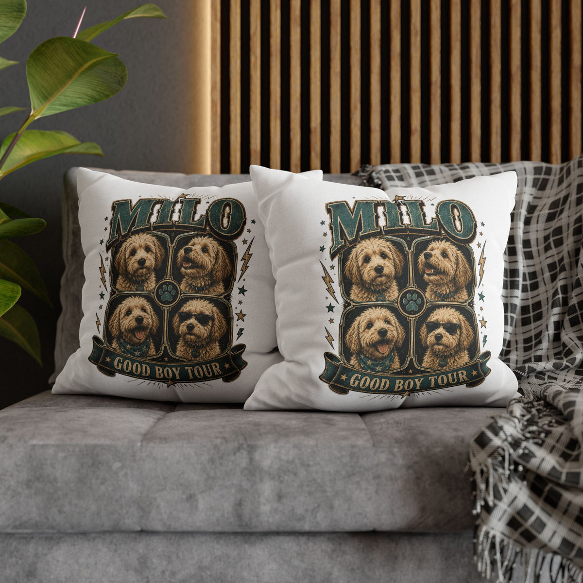 Milo "Good Boy Tour" Decorative Pillowcase — Dog Band Tour Poster Throw Pillowcase Milo Bailey Dog Dad Mom