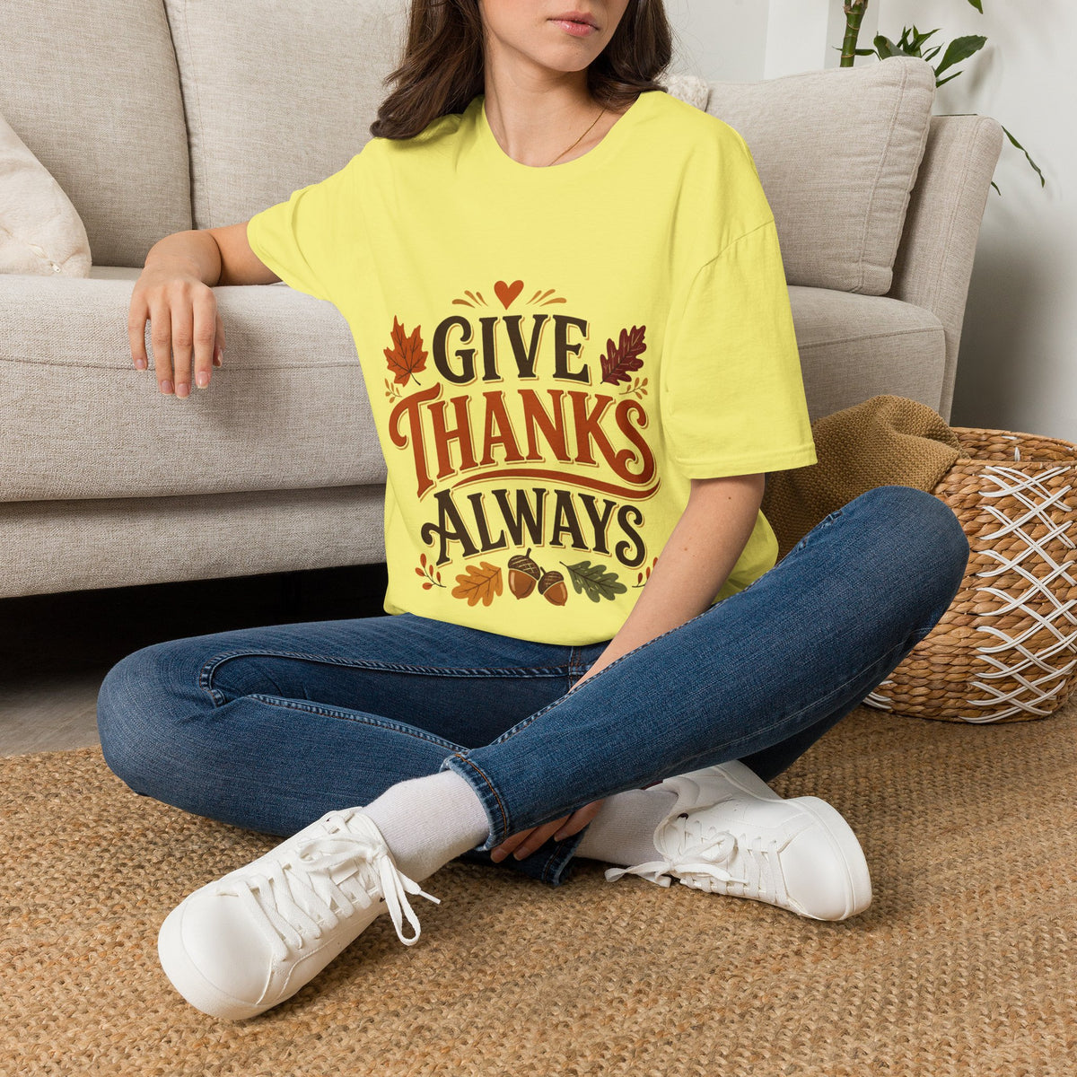 Thanksgiving T-Shirt Give Thanks Always Tee — Thanksgiving Fall Leaves Gratitude T-Shirt