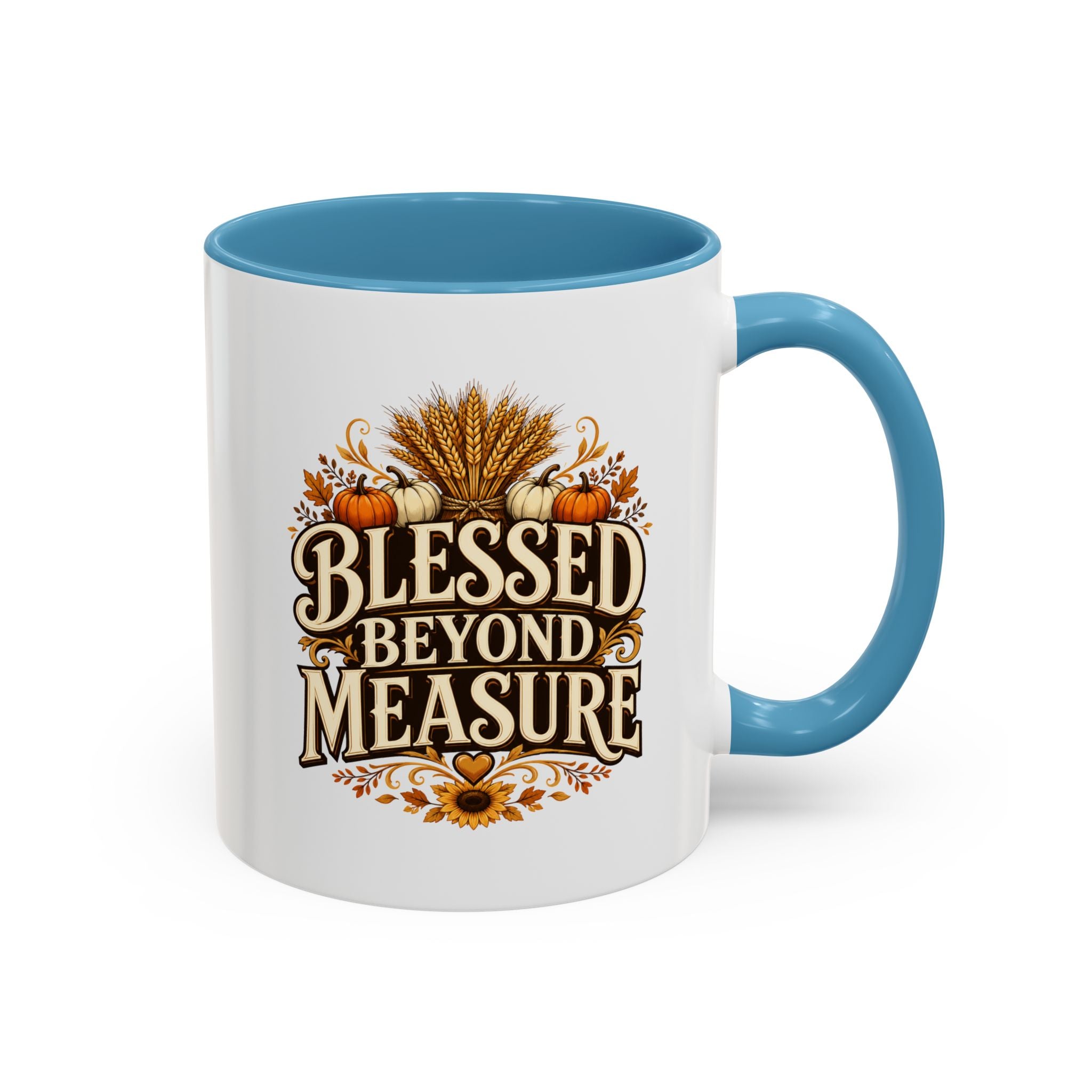 Thanksgiving Mug Blessed Beyond Measure Accent Coffee Mug — Fall Pumpkin & Wheat Autumn Faith Mug