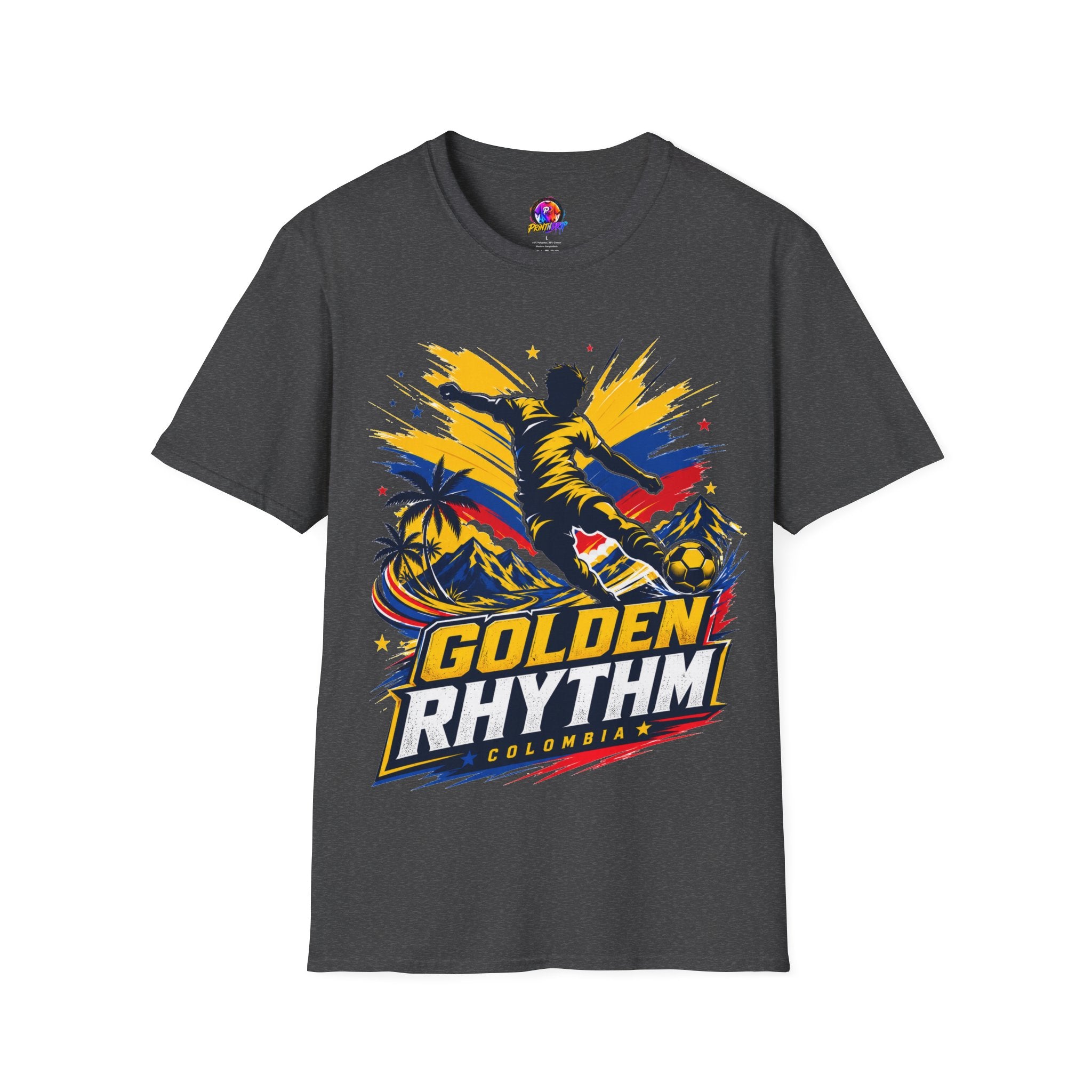 Columbia Soccer Player Graphic T-Shirt — "Golden Rhythm" Vibrant Beach Soccer Tee