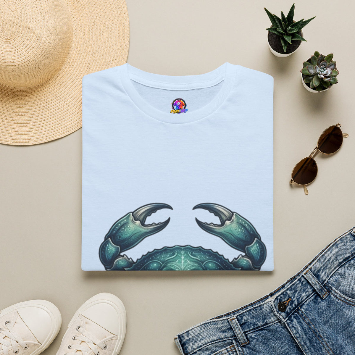 Cancer Zodiac Crabby Coastal Tee - Blue Green Crab Graphic T-Shirt