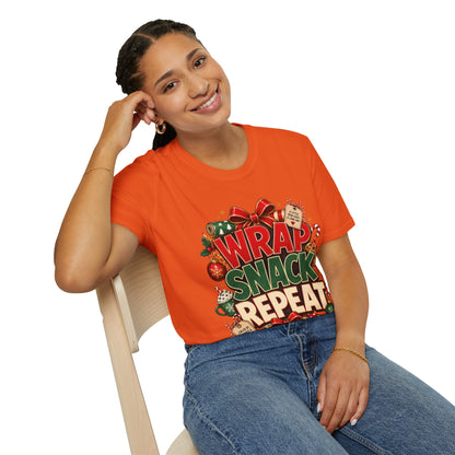 T-Shirt — "Wrap Snack Repeat" Christmas Graphic Tee