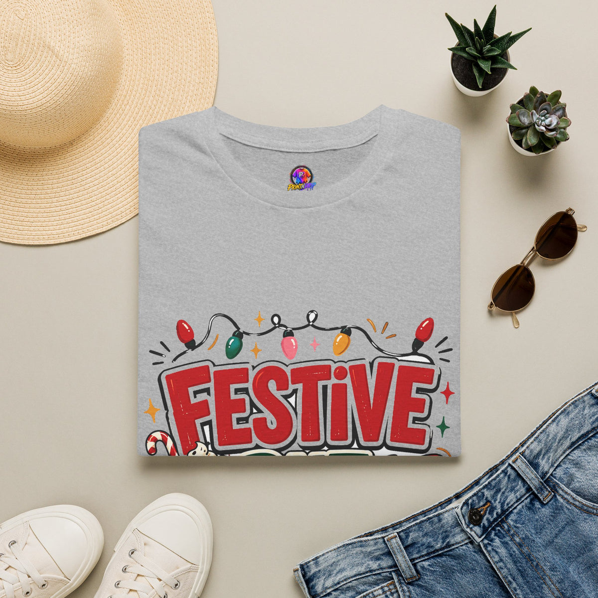 Festive But Tired T-Shirt — Holiday Christmas Crew Tee with Lights & Gingerbread