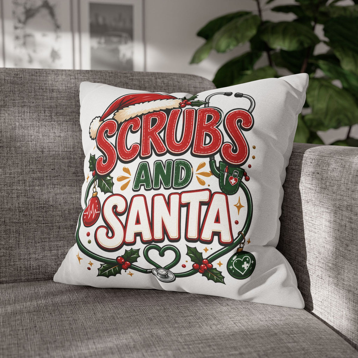 Christmas Scrubs and Santa Holiday Pillowcase – Christmas Nurse Decorative Throw Pillow Cover
