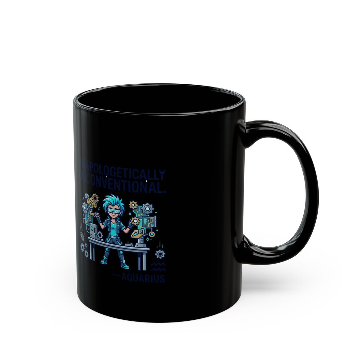 Aquarius Zodiac Black Engineer Robotics Mug — "Unapologetically Unconventional"