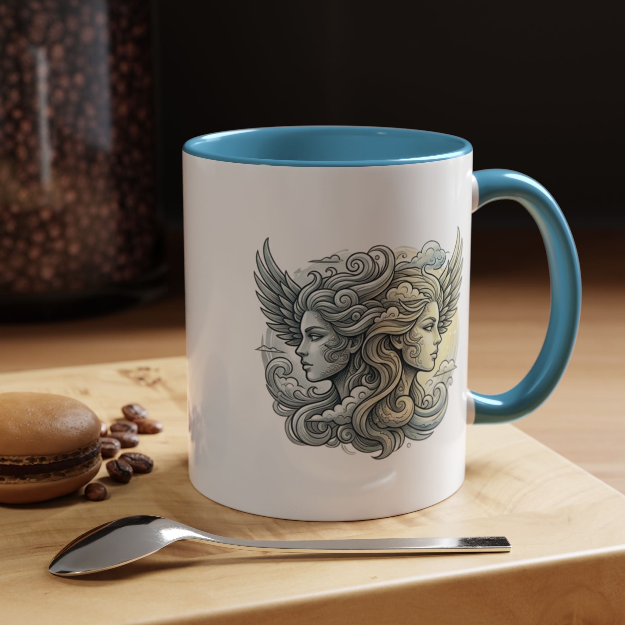Gemini Twins Accent Coffee Mug — Sun & Moon Winged Faces Illustration
