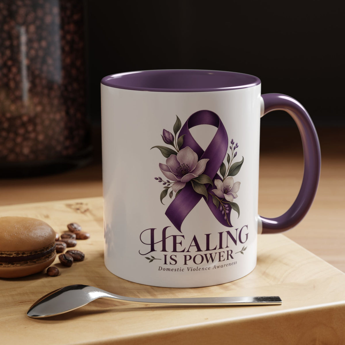 Healing Is Power Purple Ribbon Coffee Mug — Domestic Violence Awareness Accent Mug (11/15oz)