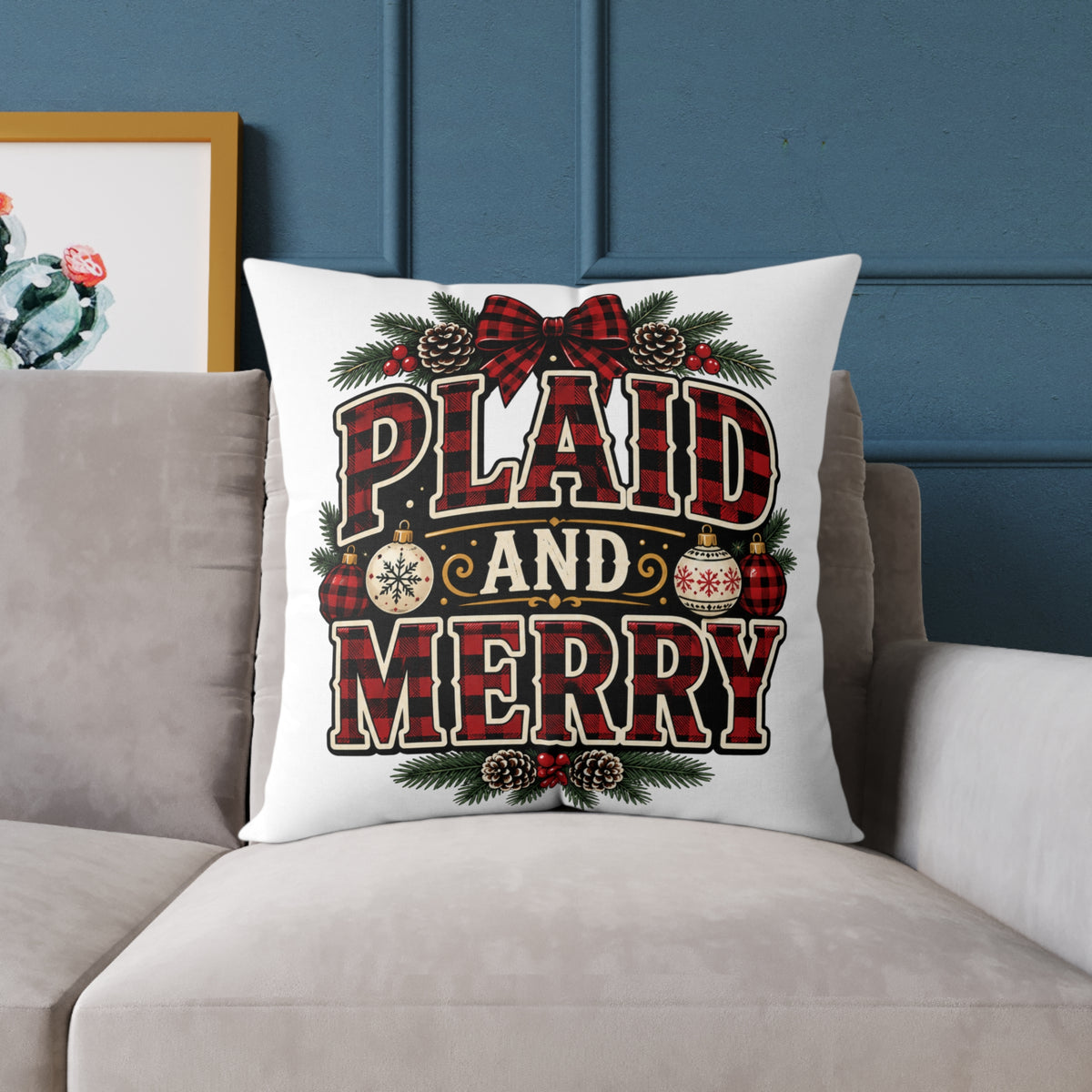 Plaid and Merry Christmas Throw Pillow