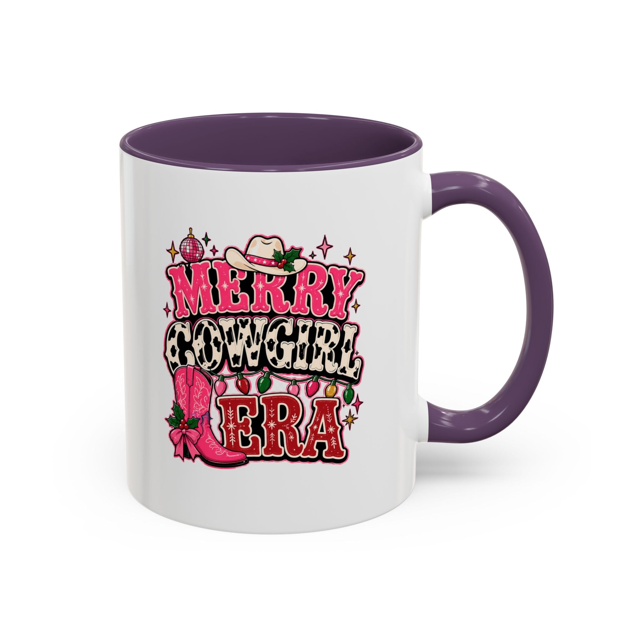Modern Day Christmas Merry Cowgirl Era Accent Coffee Mug — Festive Pink Western Cowboy Boots & Hat Mug