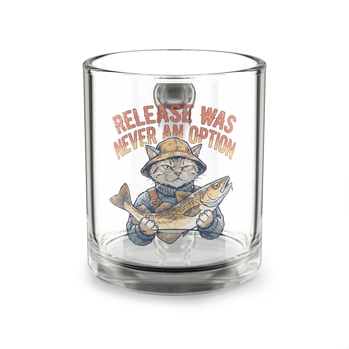 Glass Mug —Funny  'Release Was Never an Option' Fishing Cat 10oz Clear Coffee Mug