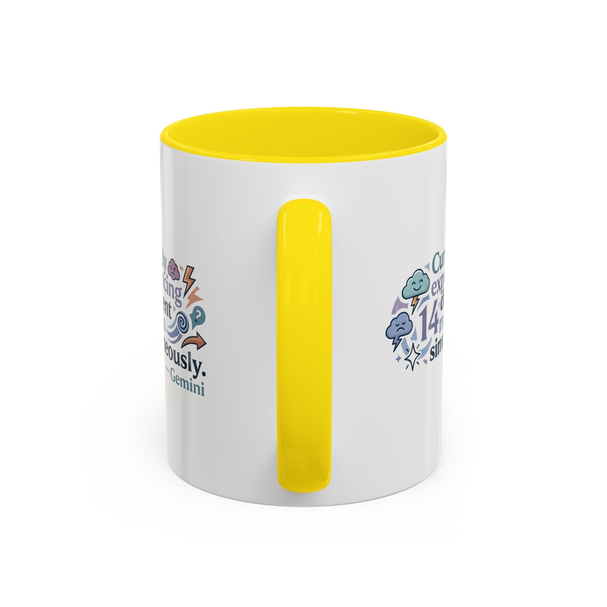 Gemini Mood Coffee Mug — "Currently Experiencing 14 Different Moods" Accent Ceramic Mug