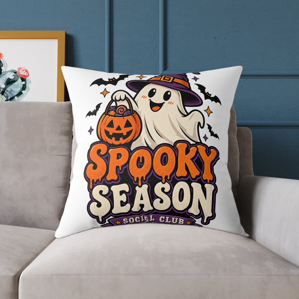 Spooky Season Halloween Pillow - Cute Ghost & Pumpkin Square Throw Pillow