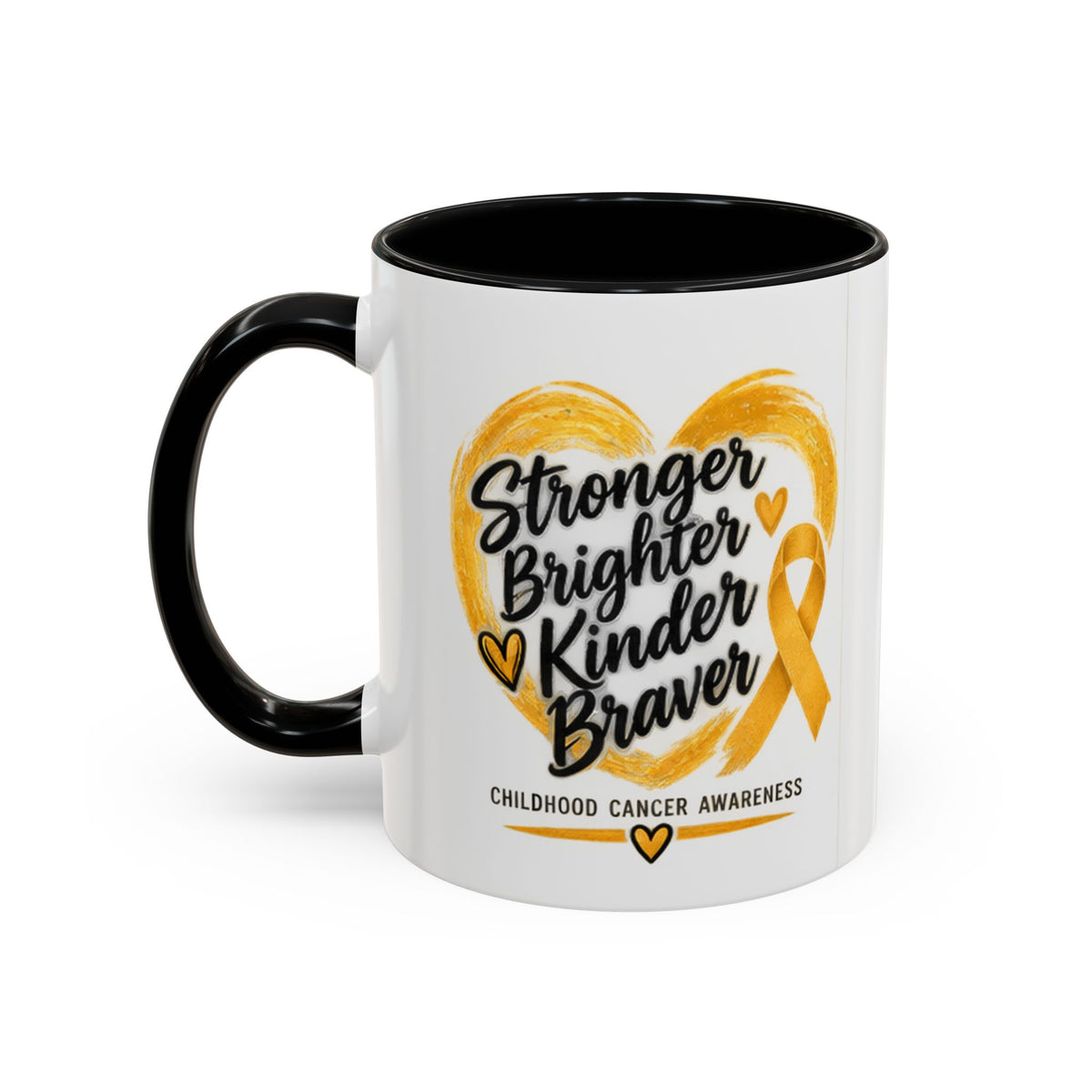 Childhood Cancer Awareness Accent Coffee Mug — "Stronger Brighter Kinder Braver"