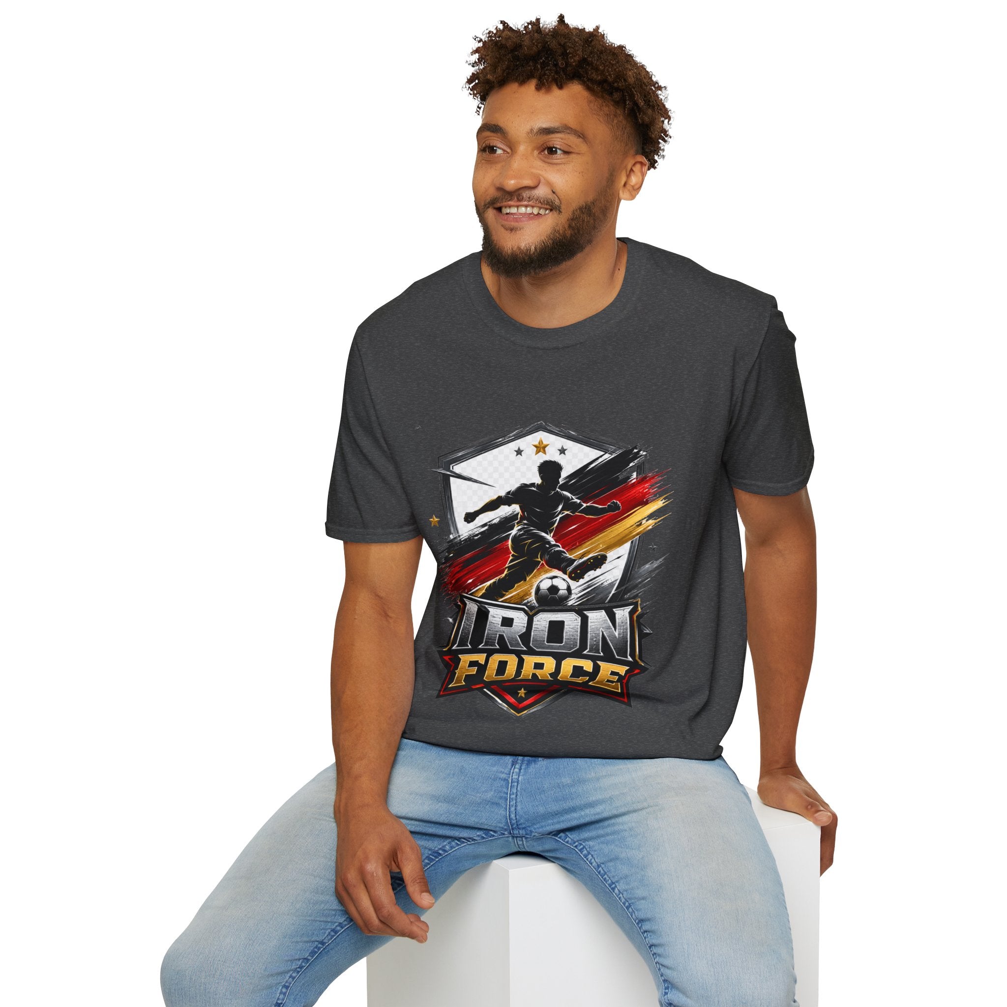 Germany Soccer 'Iron Force' Graphic T-Shirt — Player Silhouette with Red & Gold Brushstroke Emblem