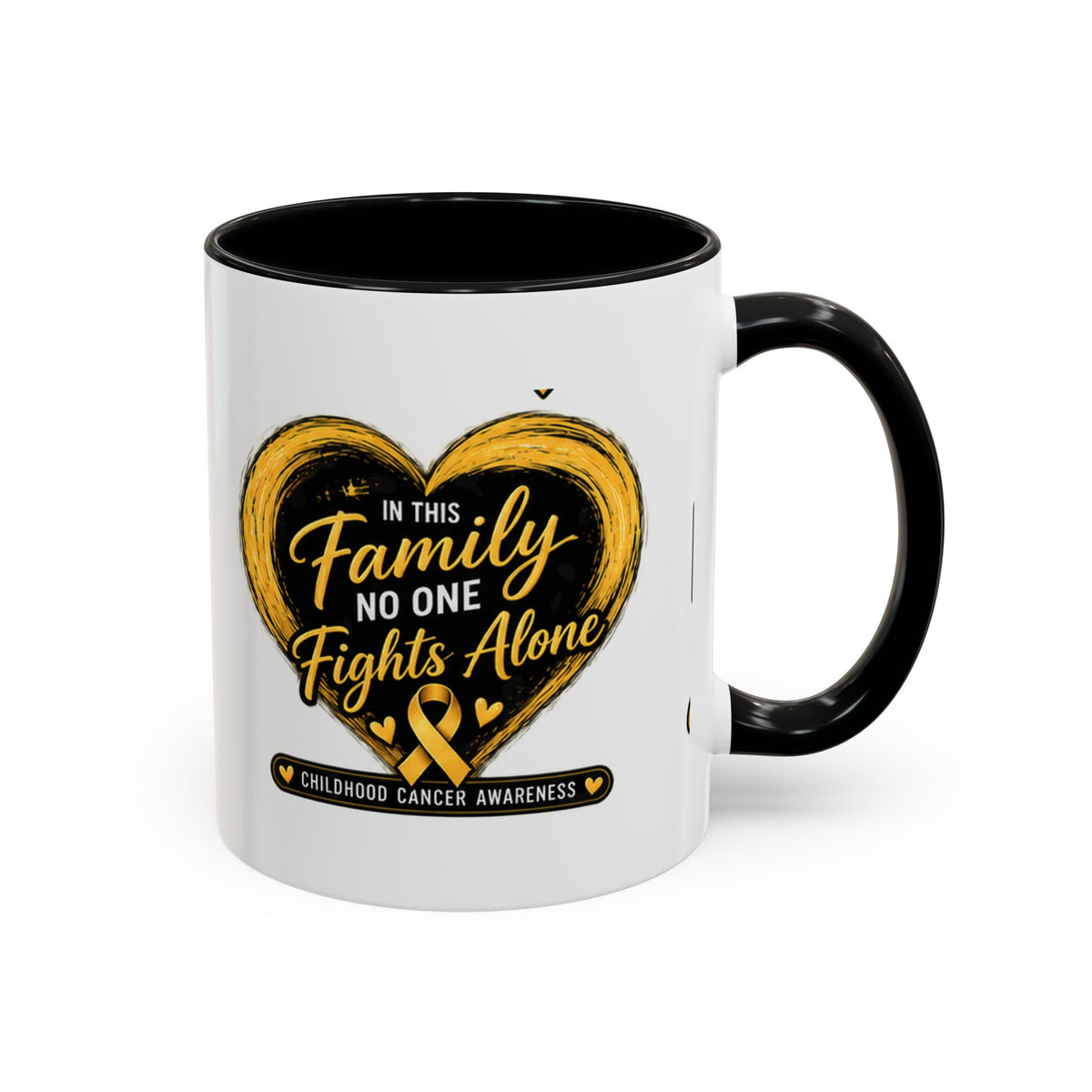 Childhood Cancer Awareness Accent Coffee Mug — "In This Family No One Fights Alone"