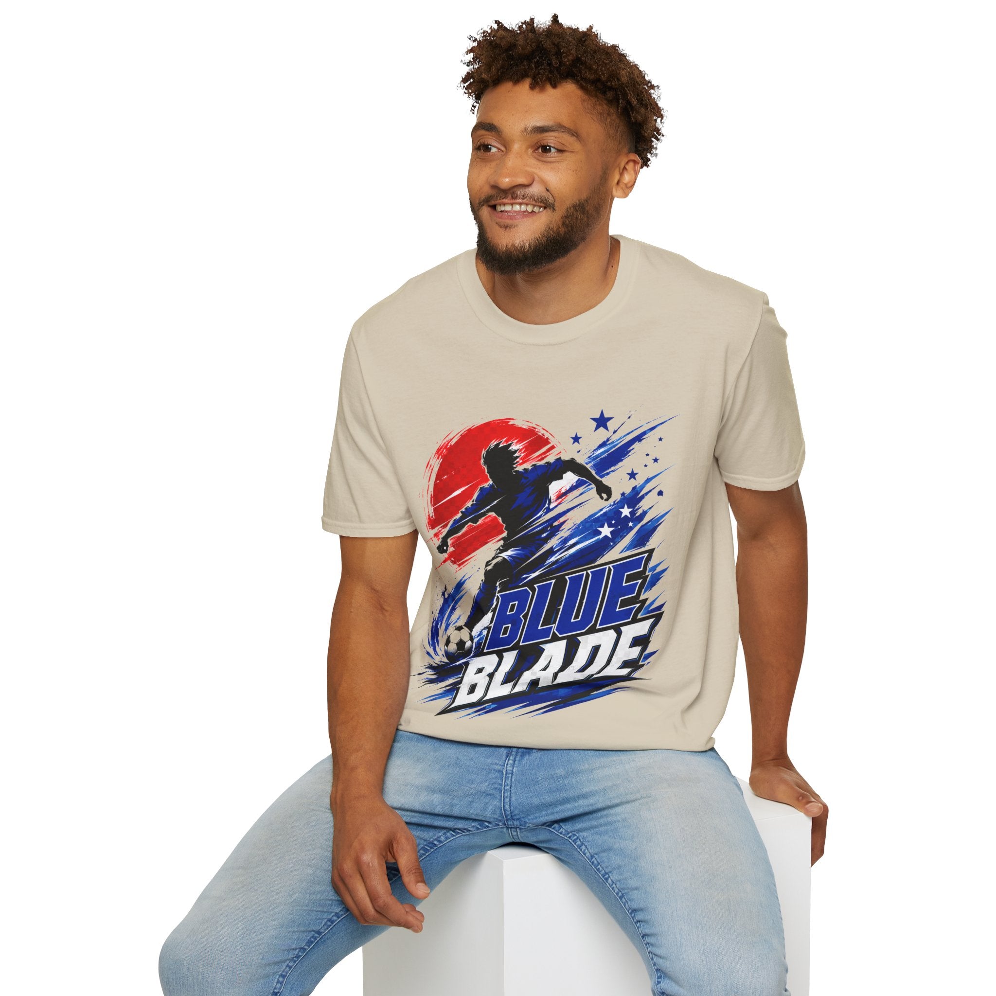Japan T-Shirt — Blue Blade Soccer Graphic Tee (Red & Blue Starburst)